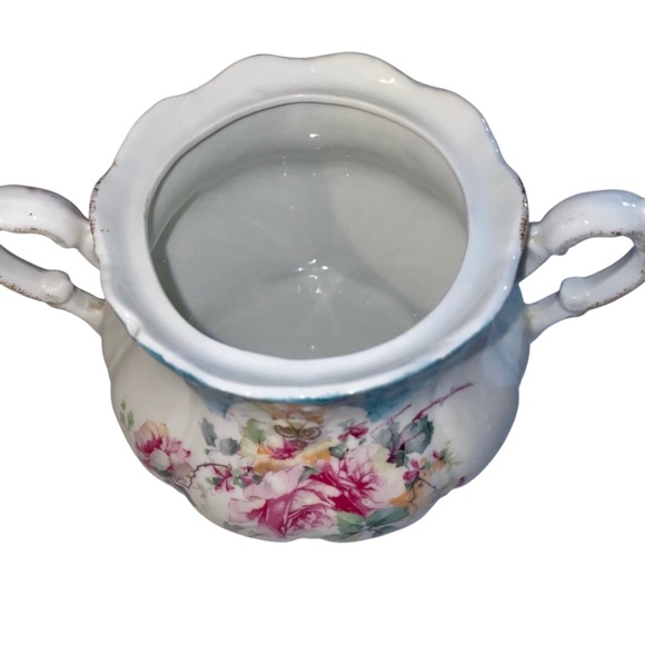 Antique Prussia Porcelain Double Handled Lidded Sugar Dish Pink Florals Elegant - Picture 6 of 9